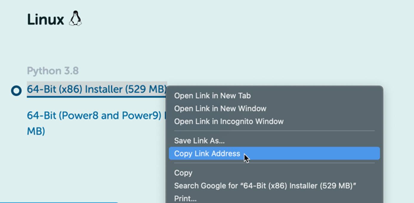 Selecting the option to copy a link on the Anaconda downloads page Selecting the option to copy a link on the Anaconda downloads page