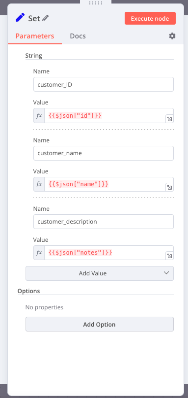 Details of the Set node Details of the Set node