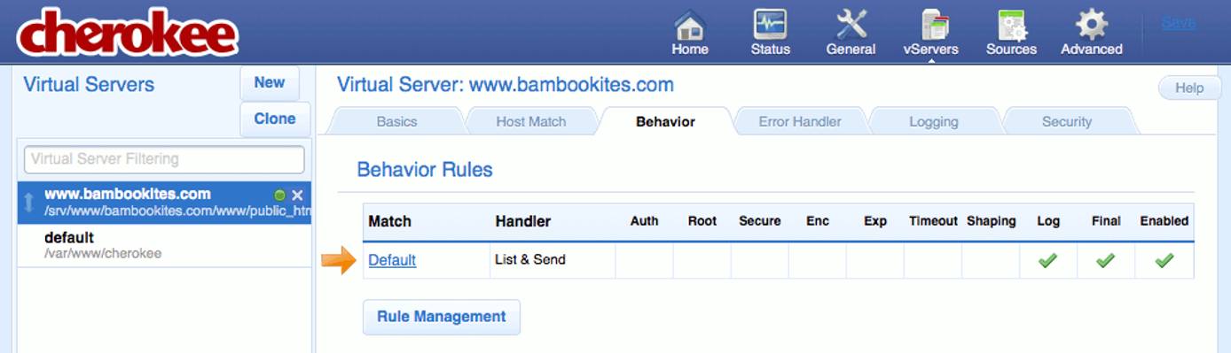 The Behavior tab on the vServers page of the Cherokee admin panel on Fedora 13.